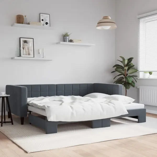 Gossi pat de zi cu extensie, gri inchis, 90x190 cm, catifea