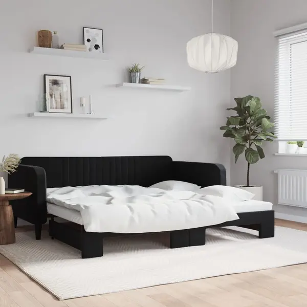 Gossi pat de zi cu extensie, negru, 100x200 cm, catifea