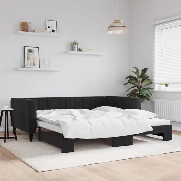 Gossi pat de zi cu extensie, negru, 100x200 cm, catifea