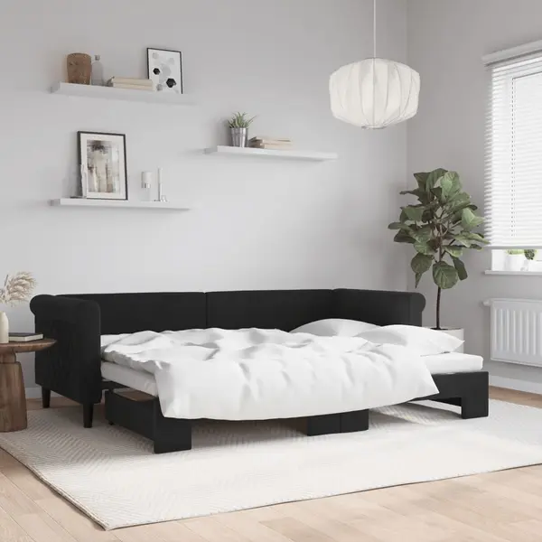 Gossi pat de zi cu extensie, negru, 80x200 cm, catifea