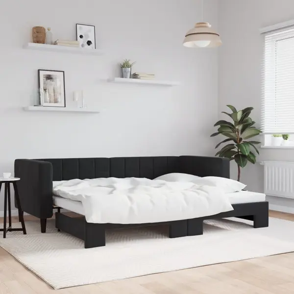 Gossi pat de zi cu extensie, negru, 80x200 cm, catifea