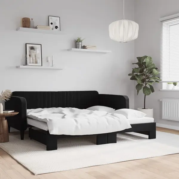 Gossi pat de zi cu extensie, negru, 90x190 cm, catifea