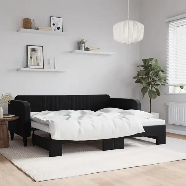Gossi pat de zi cu extensie, negru, 90x200 cm, catifea