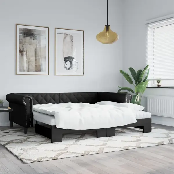 Gossi pat de zi cu extensie, negru, 90x200 cm, piele ecologica