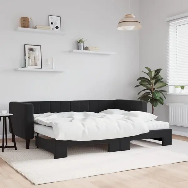 Gossi pat de zi cu extensie si saltea, negru, 80x200 cm, catifea