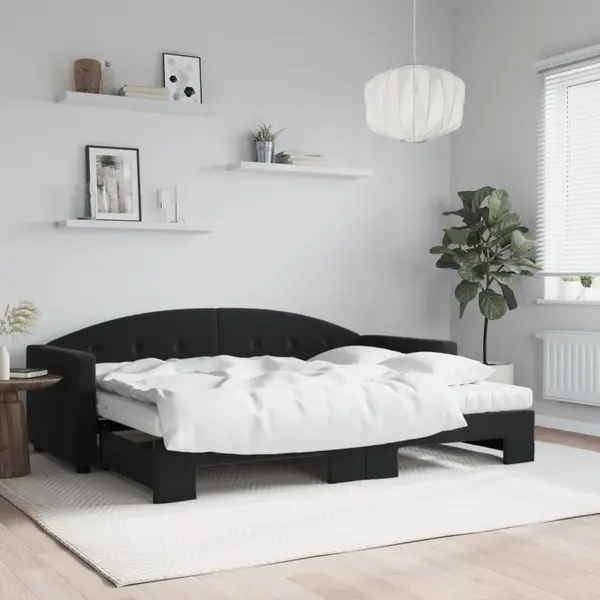 Gossi pat de zi cu extensie si saltea, negru, 80x200 cm, catifea