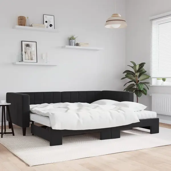 Gossi pat de zi cu extensie si saltea, negru, 90x200 cm, catifea