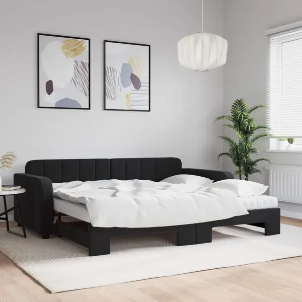 Gossi pat de zi cu extensie si saltea, negru, 90x200 cm, catifea
