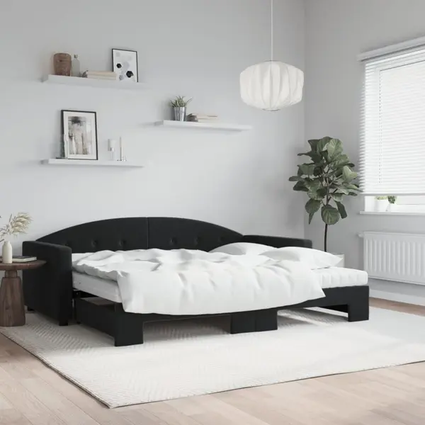 Gossi pat de zi cu extensie si saltea, negru, 90x200 cm, catifea
