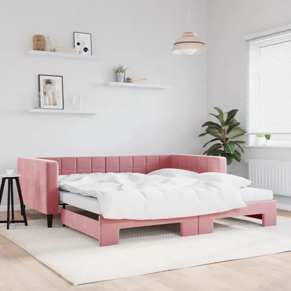 Gossi pat de zi cu extensie si saltea, roz, 100x200 cm, catifea