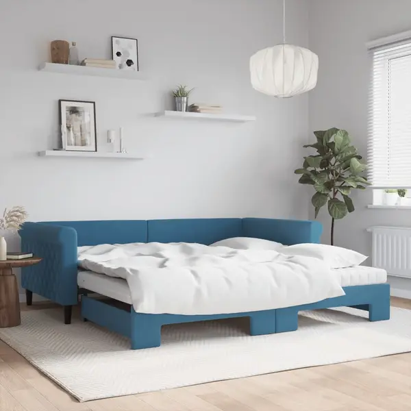 Gossi pat de zi cu extensie si saltele, albastru, 100x200 cm, catifea