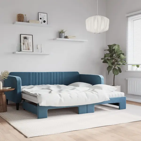 Gossi pat de zi cu extensie si saltele, albastru, 100x200 cm, catifea