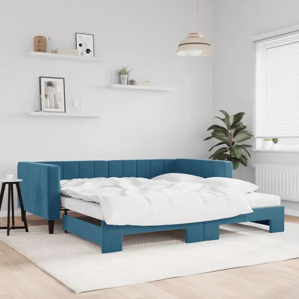 Gossi pat de zi cu extensie si saltele, albastru, 100x200 cm, catifea