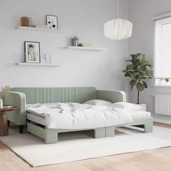 Gossi pat de zi cu extensie si saltele gri deschis 100x200 cm catifea