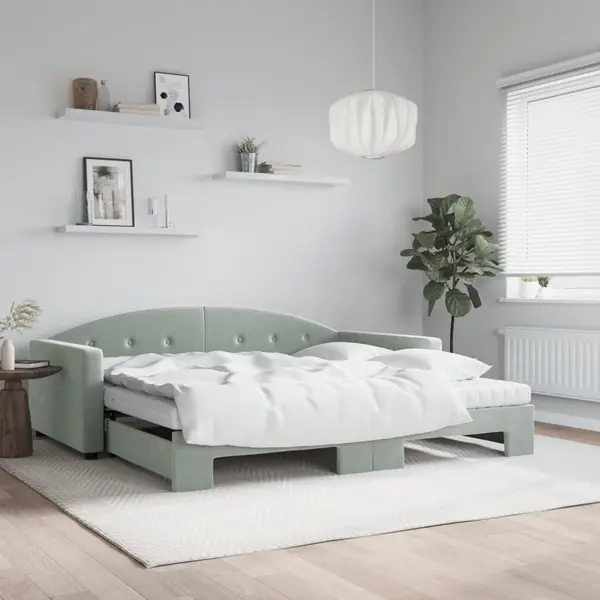 Gossi pat de zi cu extensie si saltele gri deschis 100x200 cm catifea