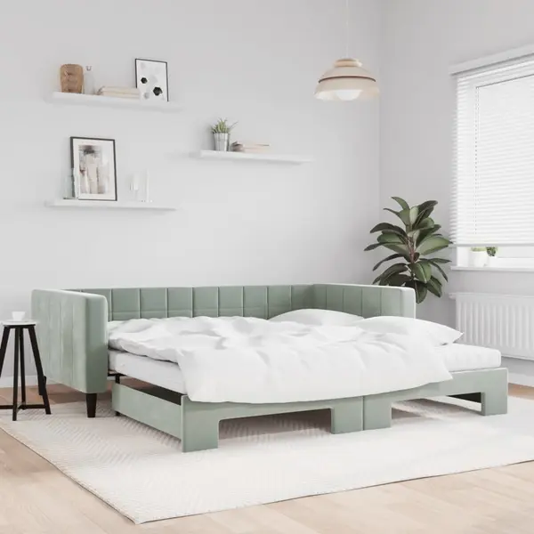 Gossi pat de zi cu extensie si saltele gri deschis 100x200 cm catifea