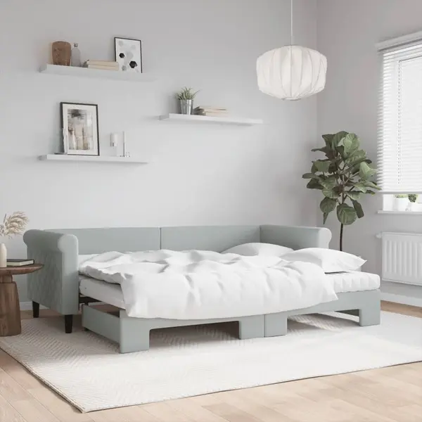 Gossi pat de zi cu extensie si saltele, gri deschis 80x200 cm catifea