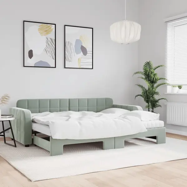 Gossi pat de zi cu extensie si saltele, gri deschis 80x200 cm catifea