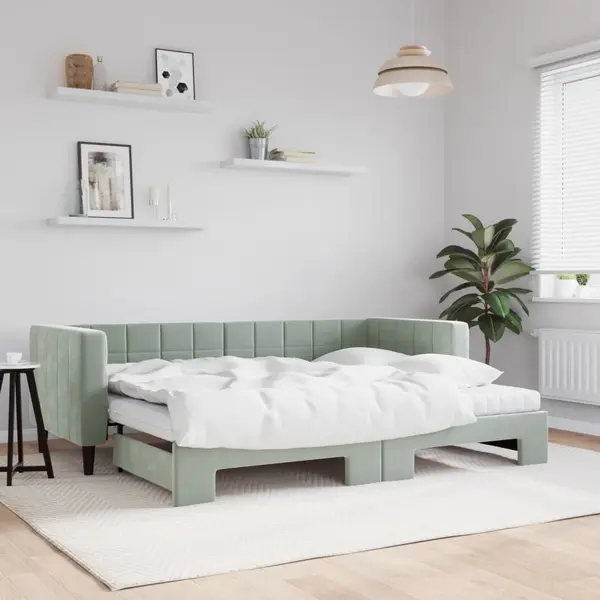 Gossi pat de zi cu extensie si saltele, gri deschis 80x200 cm catifea