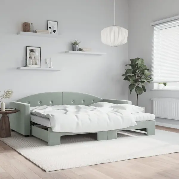 Gossi pat de zi cu extensie si saltele, gri deschis 90x190 cm catifea