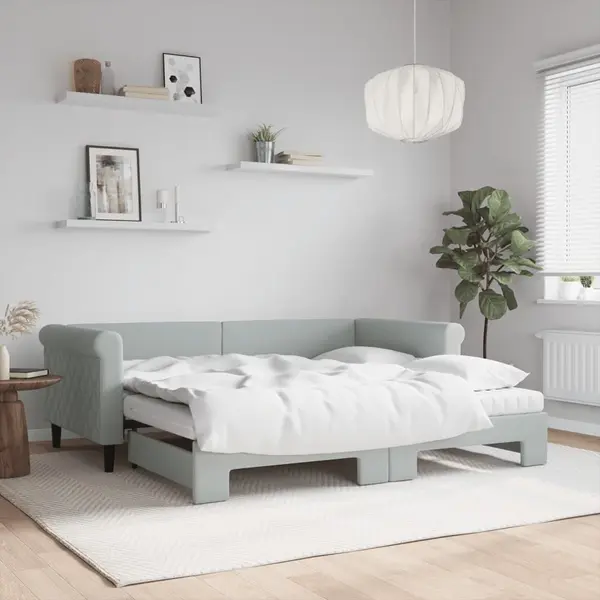 Gossi pat de zi cu extensie si saltele, gri deschis 90x190 cm catifea
