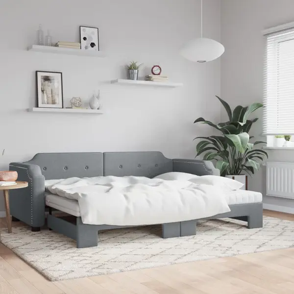 Gossi pat de zi cu extensie si saltele, gri deschis 90x200 cm textil