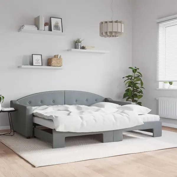 Gossi pat de zi cu extensie si saltele, gri deschis 90x200 cm textil