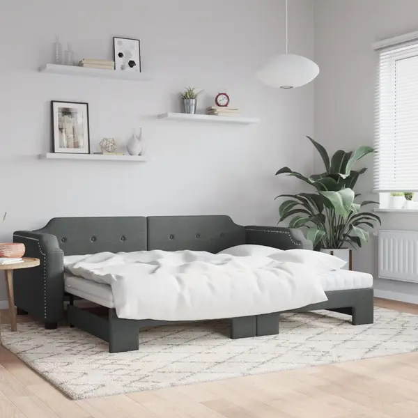 Gossi pat de zi cu extensie si saltele, gri inchis, 100x200 cm textil