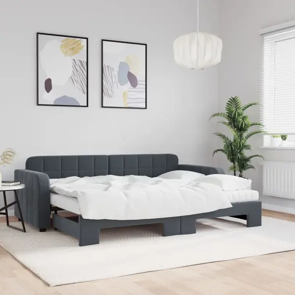 Gossi pat de zi cu extensie si saltele gri inchis 80x200 cm catifea