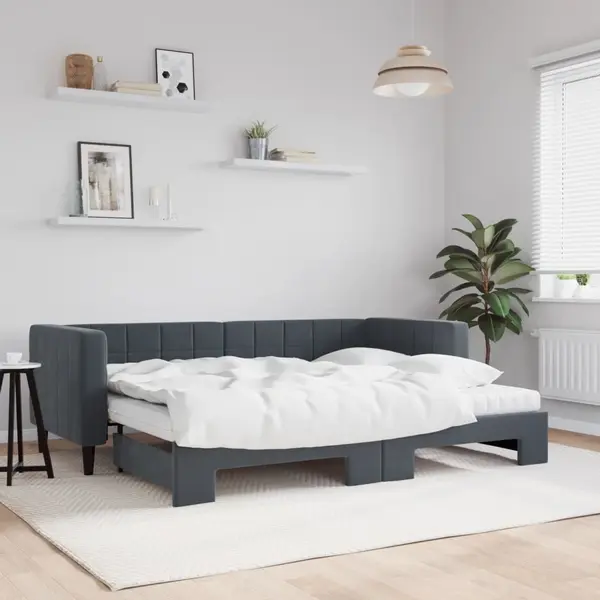 Gossi pat de zi cu extensie si saltele gri inchis 80x200 cm catifea