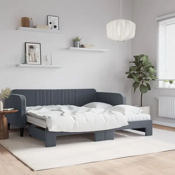 Gossi pat de zi cu extensie si saltele, gri inchis, 90x190 cm catifea