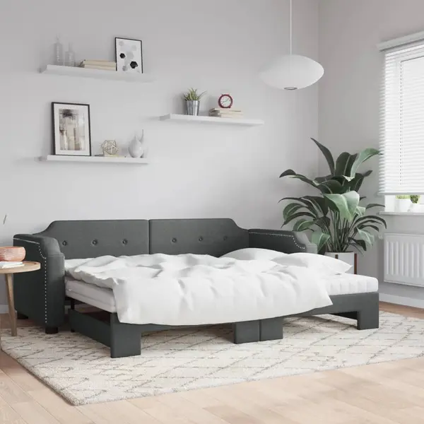 Gossi pat de zi cu extensie si saltele, gri inchis, 90x200 cm, textil