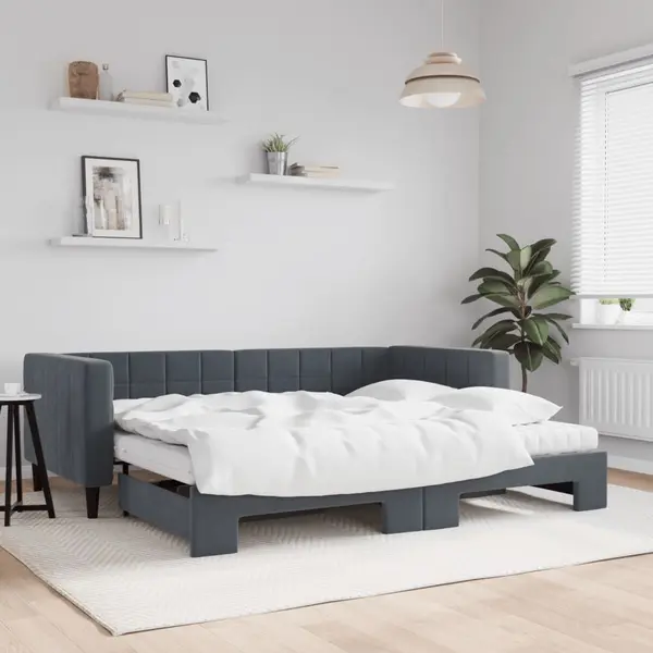 Gossi pat de zi cu extensie si saltele, gri inchis 90x200 cm catifea