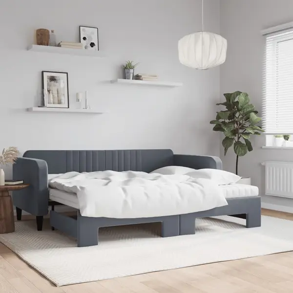 Gossi pat de zi cu extensie si saltele, gri inchis 90x200 cm catifea