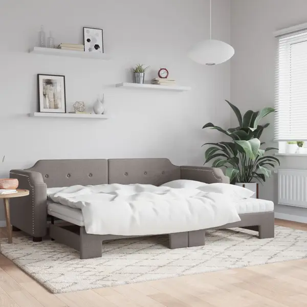 Gossi pat de zi cu extensie si saltele, gri taupe, 80x200 cm, textil