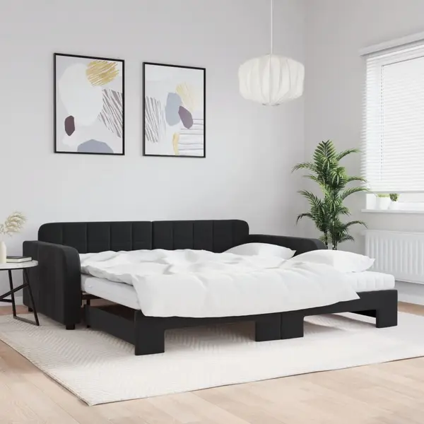Gossi pat de zi cu extensie si saltele, negru, 100x200 cm, catifea