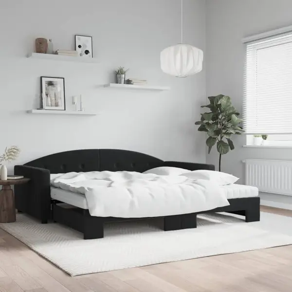 Gossi pat de zi cu extensie si saltele, negru, 100x200 cm, catifea