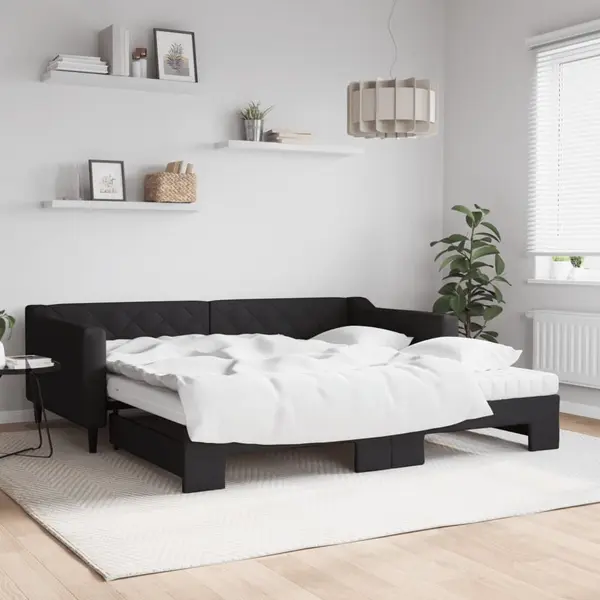 Gossi pat de zi cu extensie si saltele, negru, 100x200 cm, textil