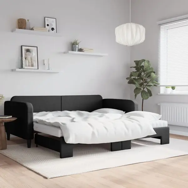Gossi pat de zi cu extensie si saltele, negru, 100x200 cm, textil
