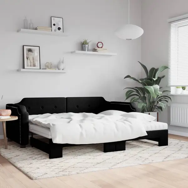 Gossi pat de zi cu extensie si saltele, negru, 80x200 cm, textil