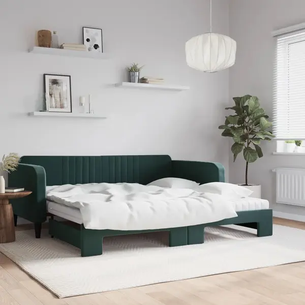 Gossi pat de zi cu extensie si saltele verde inchis 100x200cm catifea