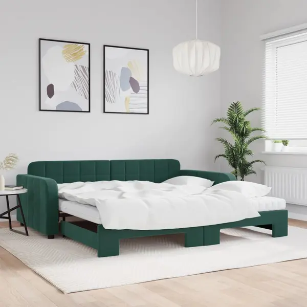 Gossi pat de zi cu extensie si saltele verde inchis 100x200cm catifea
