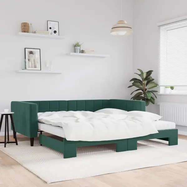 Gossi pat de zi cu extensie si saltele verde inchis 100x200cm catifea