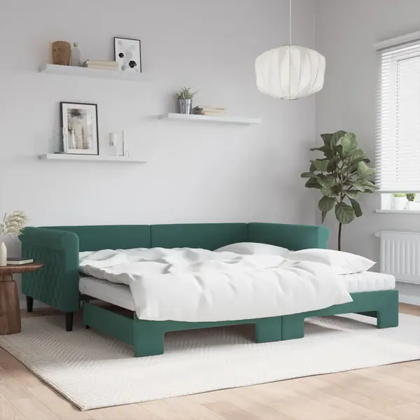 Gossi pat de zi cu extensie si saltele verde inchis 100x200cm catifea
