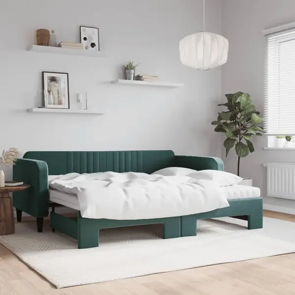Gossi pat de zi cu extensie si saltele verde inchis 90x200 cm catifea
