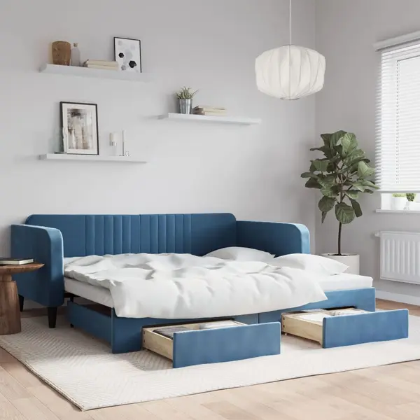 Gossi pat de zi cu extensie si sertare, albastru, 100x200 cm, catifea