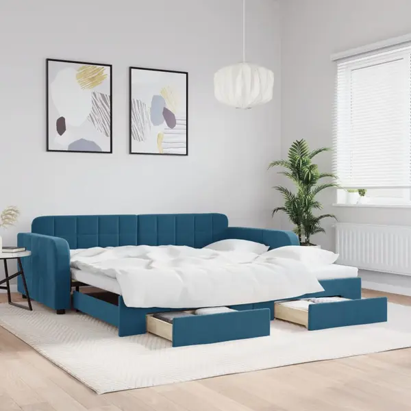 Gossi pat de zi cu extensie si sertare, albastru, 100x200 cm, catifea