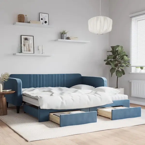 Gossi pat de zi cu extensie si sertare, albastru, 100x200 cm, catifea