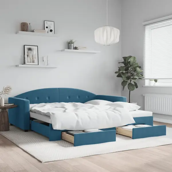 Gossi pat de zi cu extensie si sertare, albastru, 100x200 cm, catifea