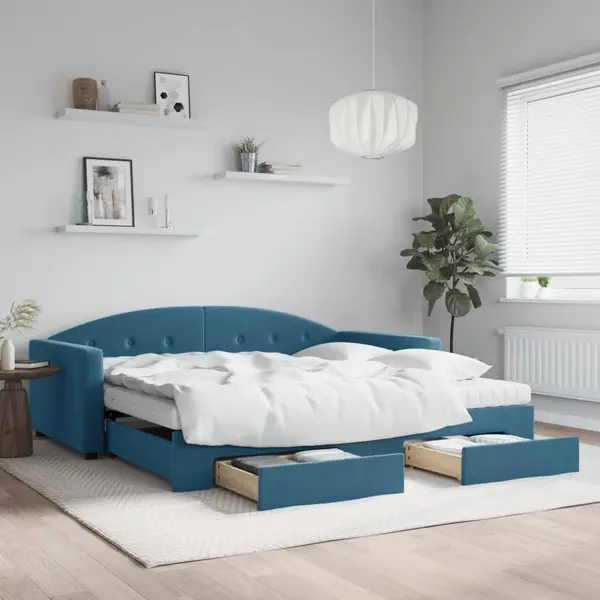 Gossi pat de zi cu extensie si sertare, albastru, 100x200 cm, catifea